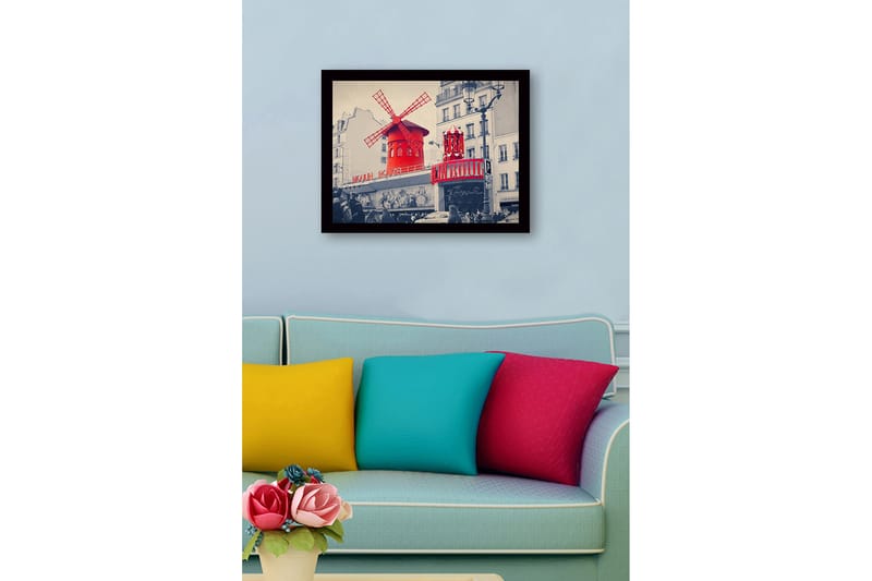 Innrammet lerretsbilde i tre - 41x56 cm - Rød vindmølle med neonlys på Moulin Rouge - Rød / Svart / Grå - Innredning - Bilder & kunst