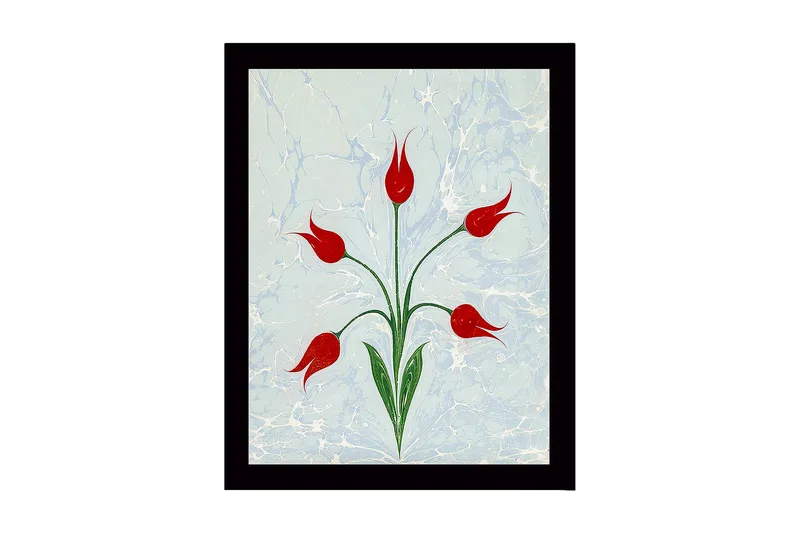 Innrammet lerretsbilde i tre - 41x56 cm - Røde tulipaner med grønne stilker på en lyseblå bakgrunn - Rød / Grønn / Lyseblå - Innredning - Bilder & kunst