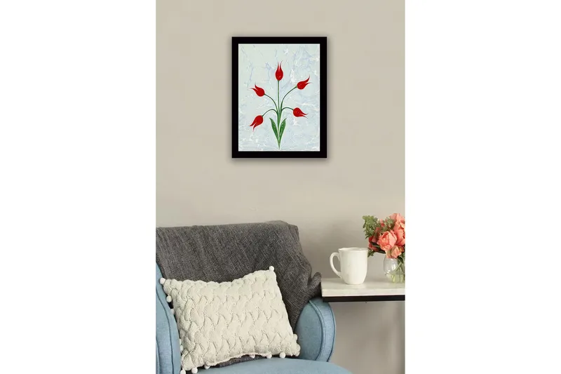 Innrammet lerretsbilde i tre - 41x56 cm - Røde tulipaner med grønne stilker på en lyseblå bakgrunn - Rød / Grønn / Lyseblå - Innredning - Bilder & kunst