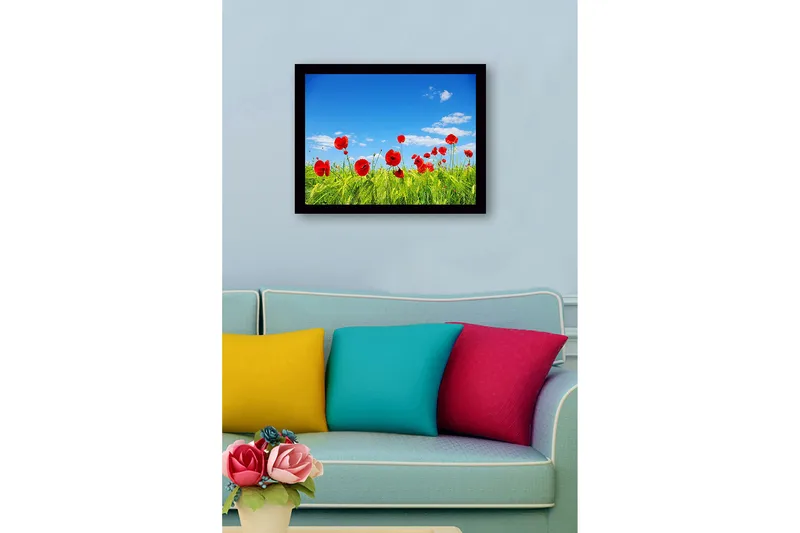 Innrammet lerretsbilde i tre - 41x56 cm - Røde valmuer i en grønn eng under en klar blå himmel - Rød / Grønn / Blå - Innredning - Bilder & kunst