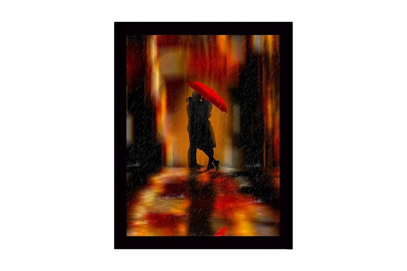 Innrammet lerretsbilde i tre - 41x56 cm - Romantisk scene med par under en rød paraply, Rød / Oransje / Svart