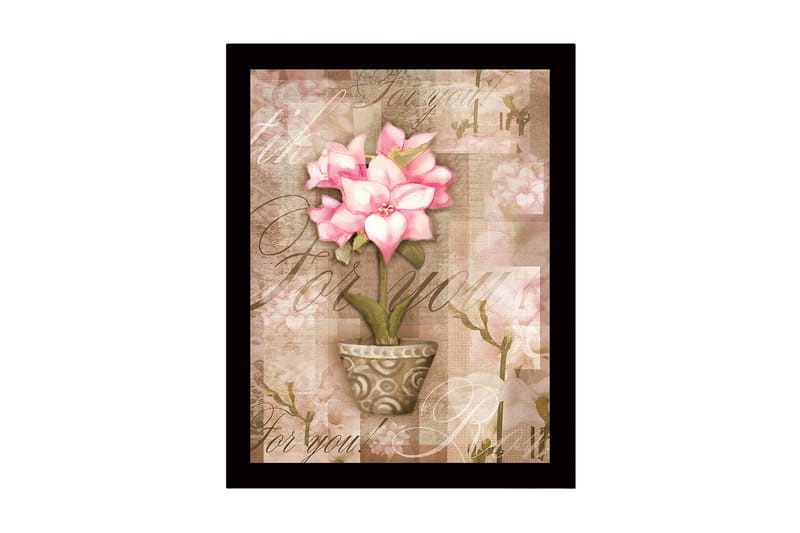 Innrammet lerretsbilde i tre - 41x56 cm - Rosa blomst i potte med myke bakgrunnsfarger, Rosa / Beige / Grønn