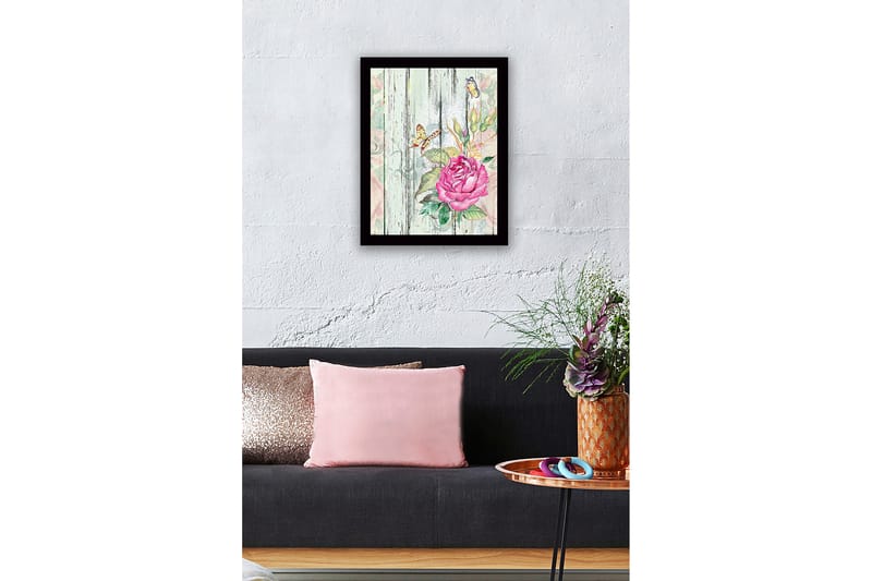 Innrammet lerretsbilde i tre - 41x56 cm - Rosa blomst med sommerfugler på en trebakgrunn - Rosa / Grønn / Beige - Innredning - Bilder & kunst