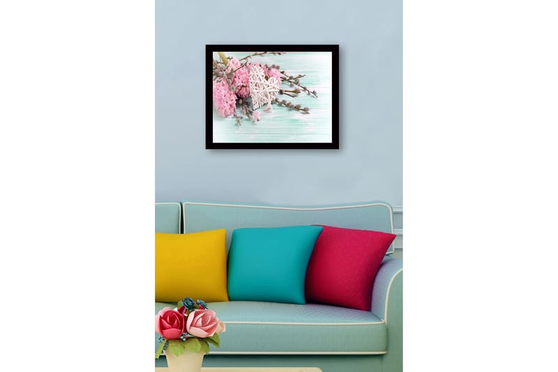 Innrammet lerretsbilde i tre - 41x56 cm - Rosa blomster med et hvitt hjerte og grå kvister - Rosa / Hvit / Grå - Innredning - Bilder & kunst