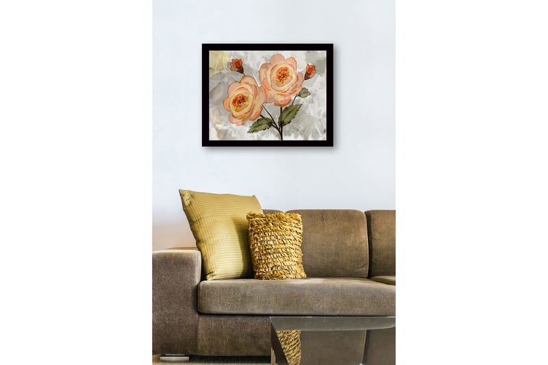 Innrammet lerretsbilde i tre - 41x56 cm - Rosa blomster med grønne blader - Lys rosa / Grønn / Beige - Innredning - Bilder & kunst