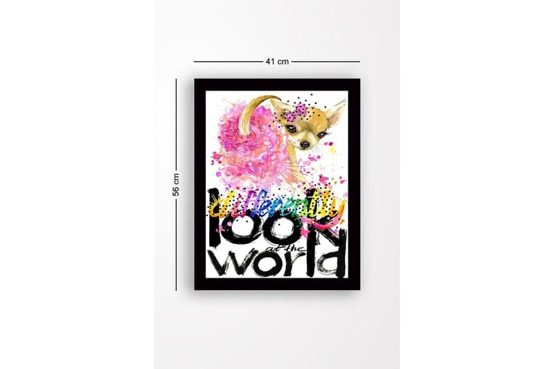 Innrammet lerretsbilde i tre - 41x56 cm - Søt chihuahua med fargerik bakgrunn og inspirerende tekst - Rosa / Svart / Gul - Innredning - Bilder & kunst