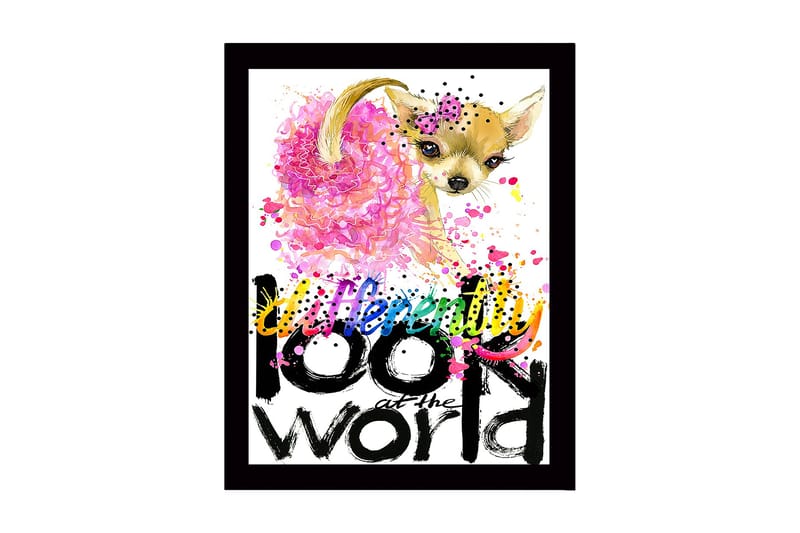 Innrammet lerretsbilde i tre - 41x56 cm - Søt chihuahua med fargerik bakgrunn og inspirerende tekst - Rosa / Svart / Gul - Innredning - Bilder & kunst