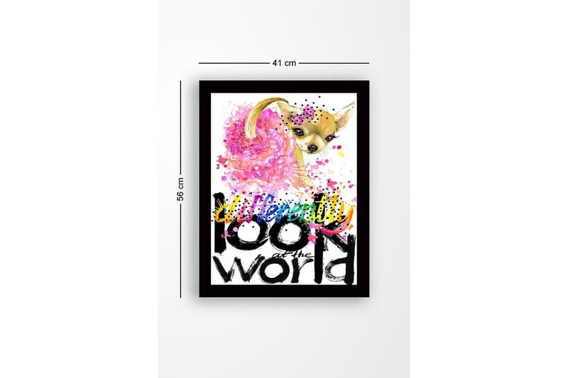 Innrammet lerretsbilde i tre - 41x56 cm - Søt chihuahua med fargerik bakgrunn og inspirerende tekst - Rosa / Svart / Gul - Innredning - Bilder & kunst
