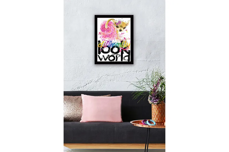 Innrammet lerretsbilde i tre - 41x56 cm - Søt chihuahua med fargerik bakgrunn og inspirerende tekst - Rosa / Svart / Gul - Innredning - Bilder & kunst