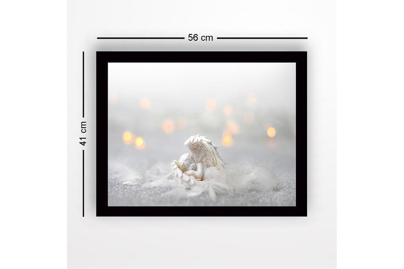 Innrammet lerretsbilde i tre - 41x56 cm - Søt engel hviler i en fjærseng - Hvit / Lys grå / Gull - Innredning - Bilder & kunst