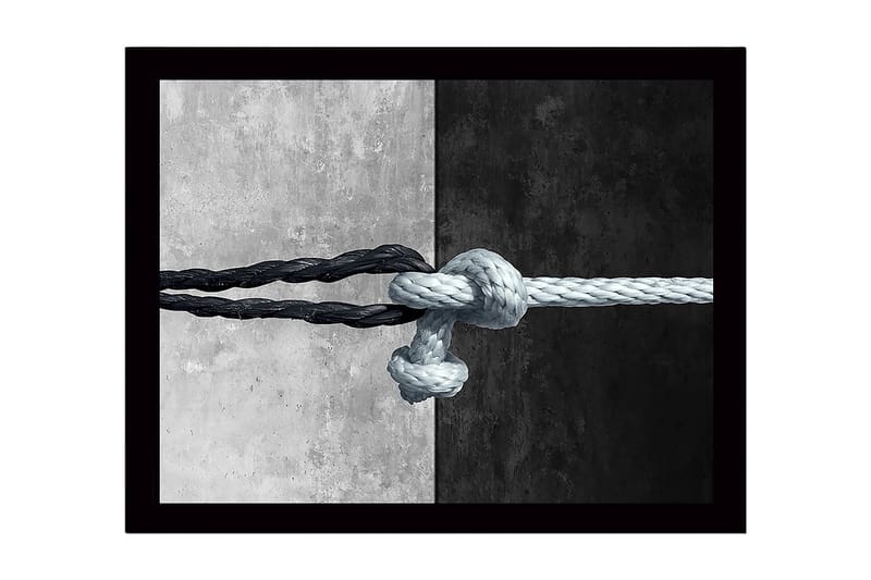 Innrammet lerretsbilde i tre - 41x56 cm - Sammenflettede tau i kontrasterende svart og hvitt - Svart / Hvit - Innredning - Bilder & kunst