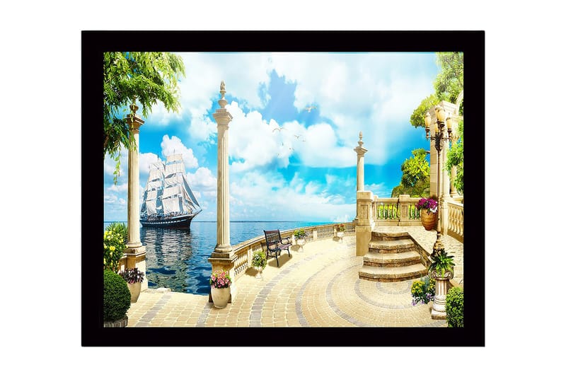 Innrammet lerretsbilde i tre - 41x56 cm - Seilbåt i en idyllisk havn med søyler og frodige omgivelser, Blå / Grønn / Beige