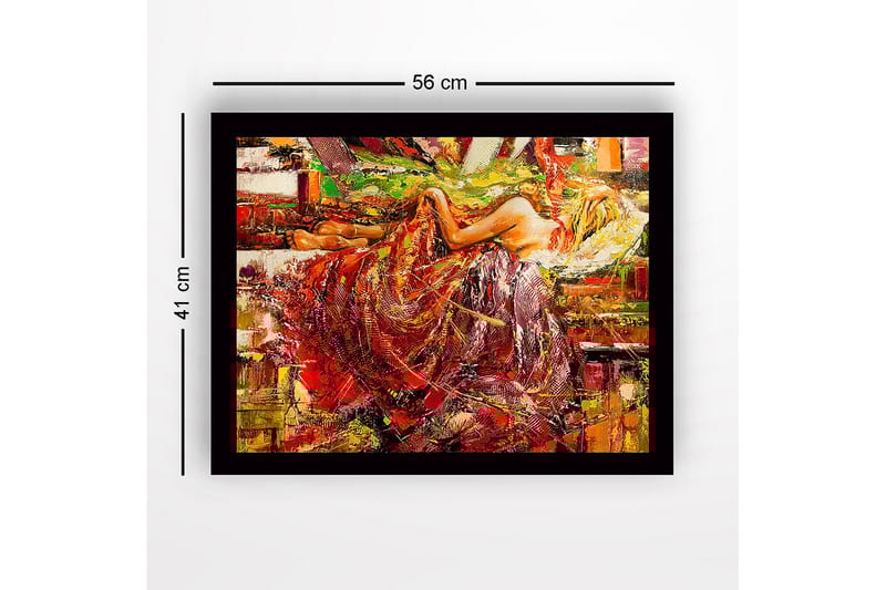 Innrammet lerretsbilde i tre - 41x56 cm - Sensuell kvinne i fargerik kjole hviler på en sofa - Rød / Gul / Grønn - Innredning - Bilder & kunst