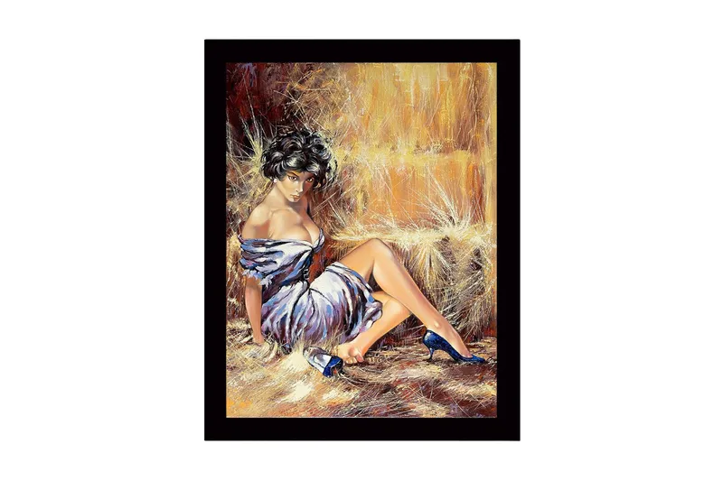 Innrammet lerretsbilde i tre - 41x56 cm - Sensuell kvinne i hvit kjole med blå sko, Hvit / Blå / Beige