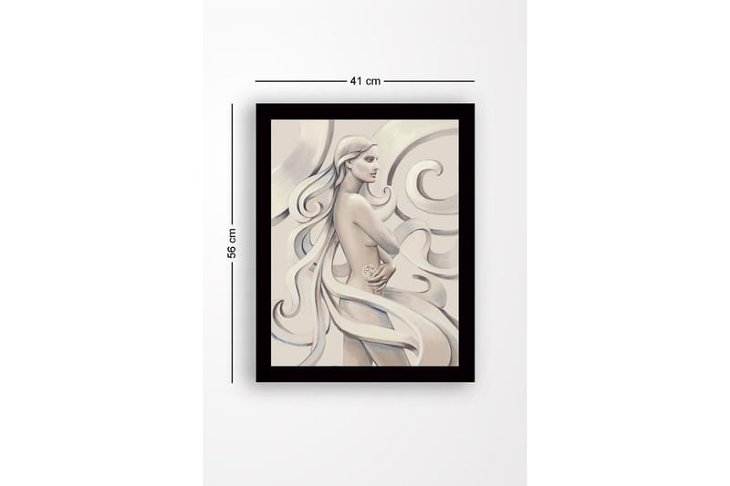 Innrammet lerretsbilde i tre - 41x56 cm - Sensuell kvinne med flagrende hår og en rose i hånden - Lys beige / Grå / Hvit - Innredning - Bilder & kunst