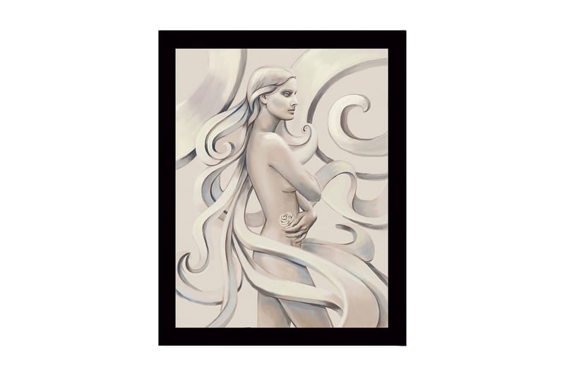 Innrammet lerretsbilde i tre - 41x56 cm - Sensuell kvinne med flagrende hår og en rose i hånden, Lys beige / Grå / Hvit