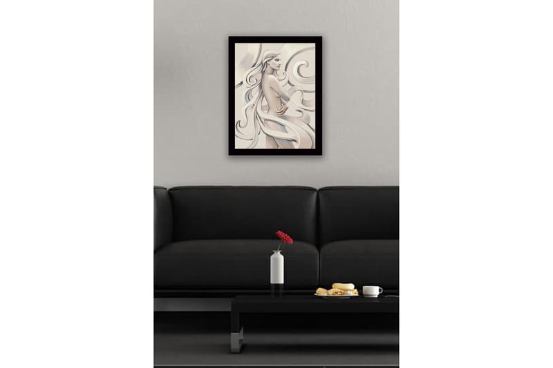 Innrammet lerretsbilde i tre - 41x56 cm - Sensuell kvinne med flagrende hår og en rose i hånden - Lys beige / Grå / Hvit - Innredning - Bilder & kunst