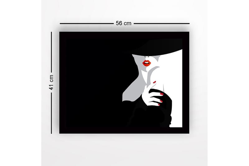 Innrammet lerretsbilde i tre - 41x56 cm - Sensuell kvinne med rød leppestift og svart hatt - Svart / Hvit / Rød - Innredning - Bilder & kunst