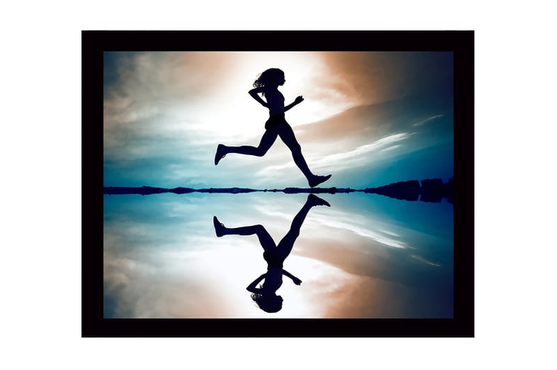 Innrammet lerretsbilde i tre - 41x56 cm - Silhuett av en løper i bevegelse over en speillignende overflate - Mørk blå / Oransje / Lys blå - Innredning - Bilder & kunst