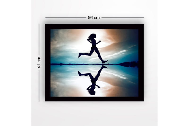 Innrammet lerretsbilde i tre - 41x56 cm - Silhuett av en løper i bevegelse over en speillignende overflate - Mørk blå / Oransje / Lys blå - Innredning - Bilder & kunst