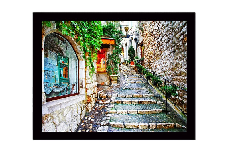 Innrammet lerretsbilde i tre - 41x56 cm - Sjarmerende smug med steiner og grøntområder - Grønn / Beige / Rød - Innredning - Bilder & kunst