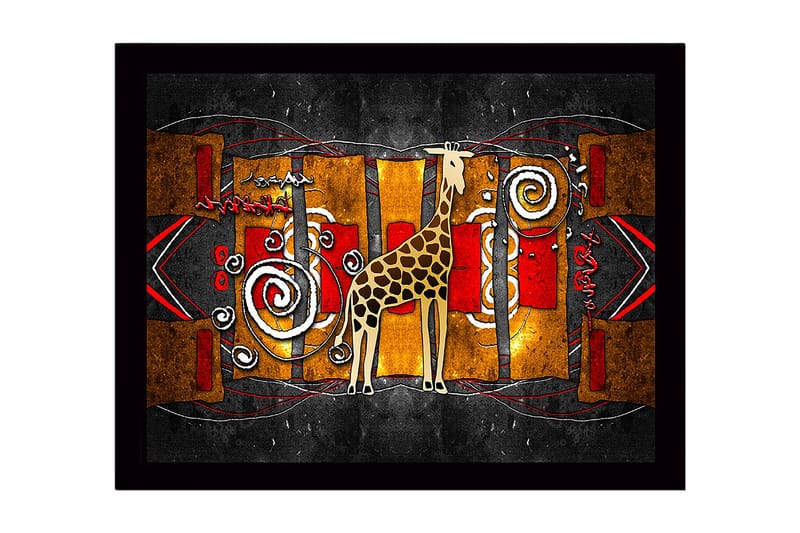 Innrammet lerretsbilde i tre - 41x56 cm - Sjiraff i en fargerik, abstrakt komposisjon, Gull / Rød / Svart