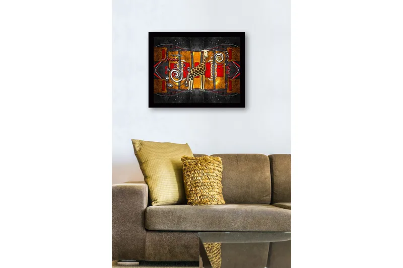 Innrammet lerretsbilde i tre - 41x56 cm - Sjiraff i en fargerik, abstrakt komposisjon - Gull / Rød / Svart - Innredning - Bilder & kunst
