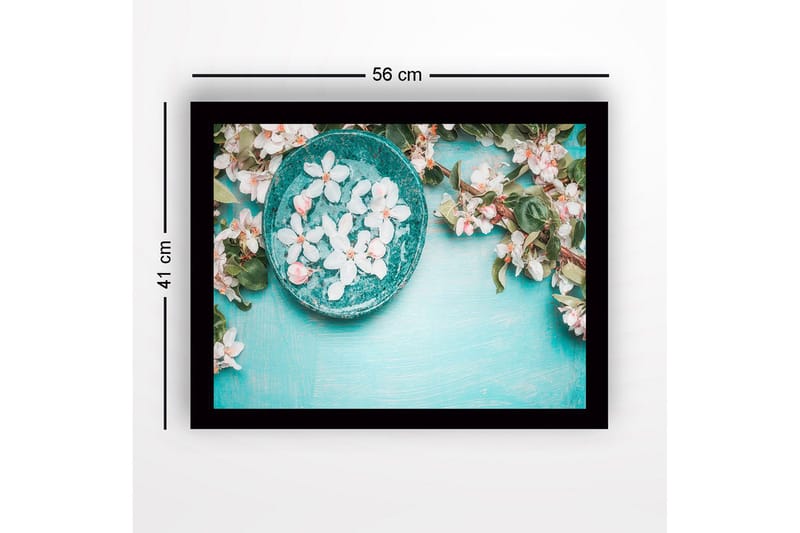Innrammet lerretsbilde i tre - 41x56 cm - Skål med blomster på turkis bakgrunn - Turkis / Hvit / Grønn - Innredning - Bilder & kunst