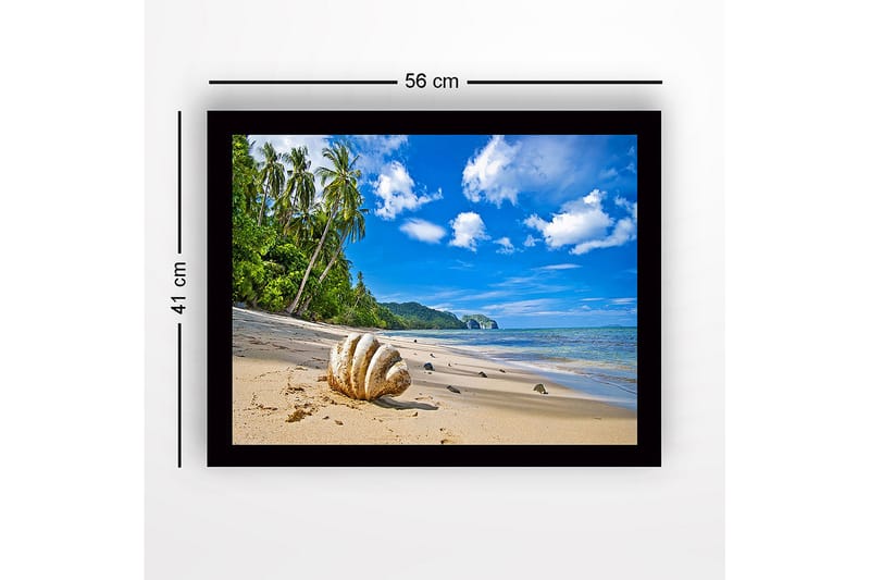 Innrammet lerretsbilde i tre - 41x56 cm - Skjell på en solrik strand med palmer i bakgrunnen - Blå / Grønn / Beige - Innredning - Bilder & kunst