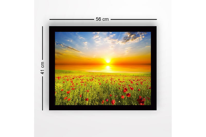Innrammet lerretsbilde i tre - 41x56 cm - Solnedgang over en blomstrende eng med valmuer - Gul / Grønn / Rød - Innredning - Bilder & kunst