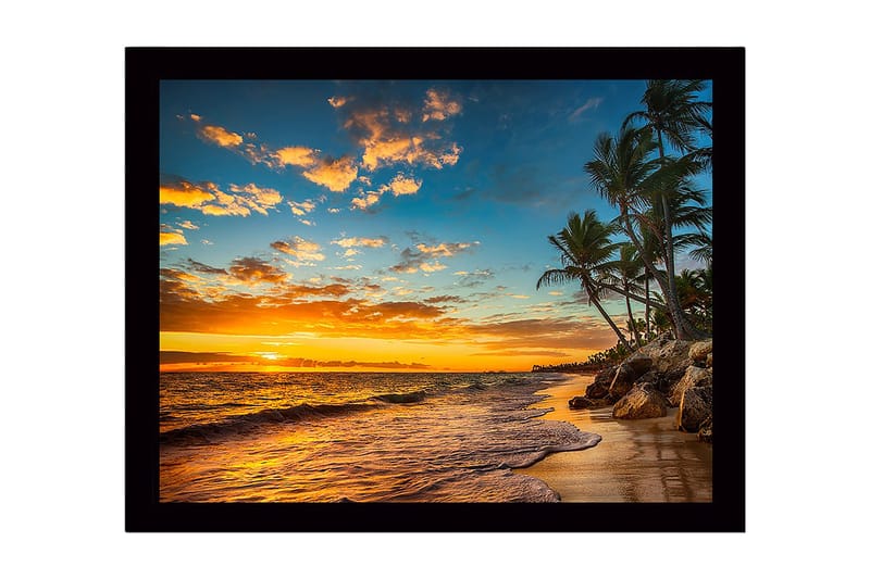 Innrammet lerretsbilde i tre - 41x56 cm - Solnedgang over en strand med palmer og bølger, Oransje / Blå / Grønn