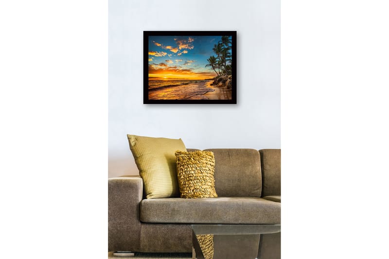 Innrammet lerretsbilde i tre - 41x56 cm - Solnedgang over en strand med palmer og bølger - Oransje / Blå / Grønn - Innredning - Bilder & kunst