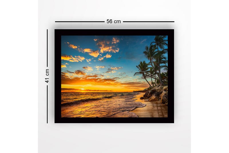 Innrammet lerretsbilde i tre - 41x56 cm - Solnedgang over en strand med palmer og bølger - Oransje / Blå / Grønn - Innredning - Bilder & kunst