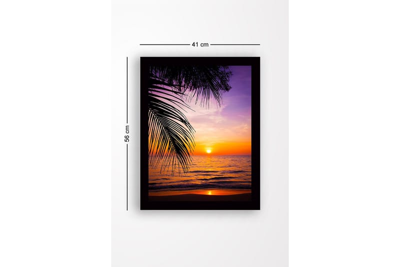 Innrammet lerretsbilde i tre - 41x56 cm - Solnedgang over havet med palmer i forgrunnen - Lilla / Oransje / Gul - Innredning - Bilder & kunst
