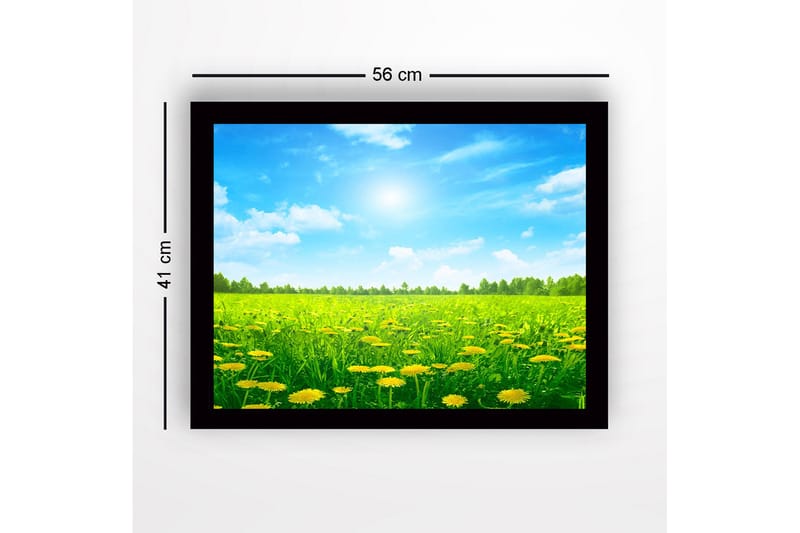 Innrammet lerretsbilde i tre - 41x56 cm - Solrik eng med blomstrende løvetann - Grønn / Gul / Blå - Innredning - Bilder & kunst