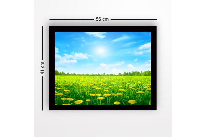 Innrammet lerretsbilde i tre - 41x56 cm - Solrik eng med blomstrende løvetann - Grønn / Gul / Blå - Innredning - Bilder & kunst
