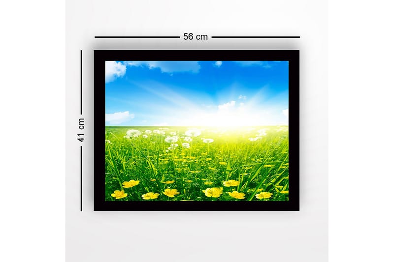 Innrammet lerretsbilde i tre - 41x56 cm - Solrik eng med gule blomster og grønt gress - Gul / Grønn / Blå - Innredning - Bilder & kunst
