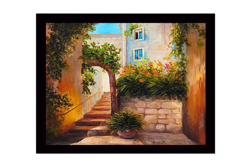 Innrammet lerretsbilde i tre - 41x56 cm - Solrikt smug med blomstrende planter og asfalterte trapper, Grønn / Oransje / Beige