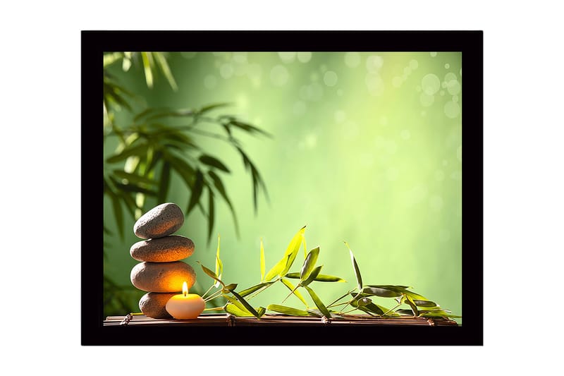 Innrammet lerretsbilde i tre - 41x56 cm - Steinbunke med et stearinlys omgitt av bambus og grønne nyanser, Grønn / Grå / Beige