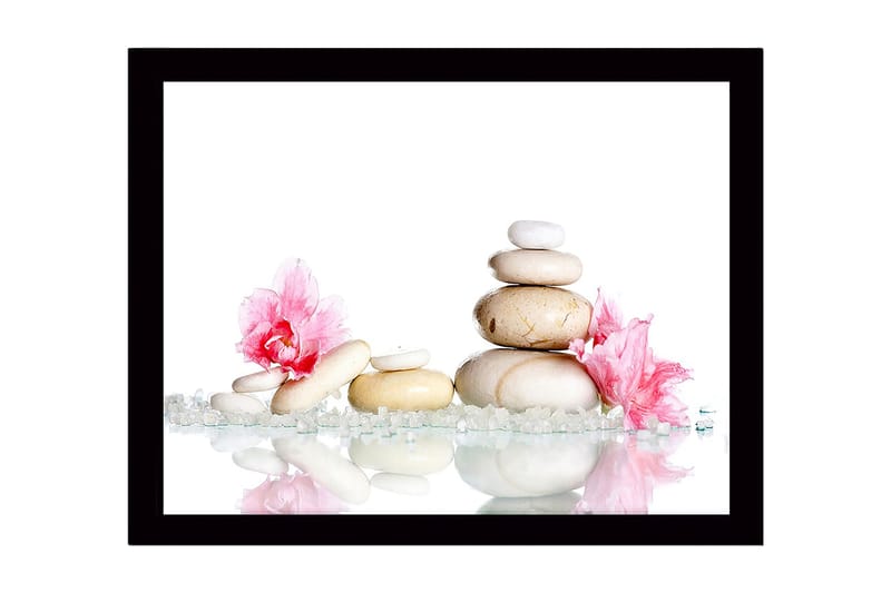 Innrammet lerretsbilde i tre - 41x56 cm - Steinrøys omgitt av rosa blomster og glitrende steiner - Hvit / Rosa / Beige - Innredning - Bilder & kunst