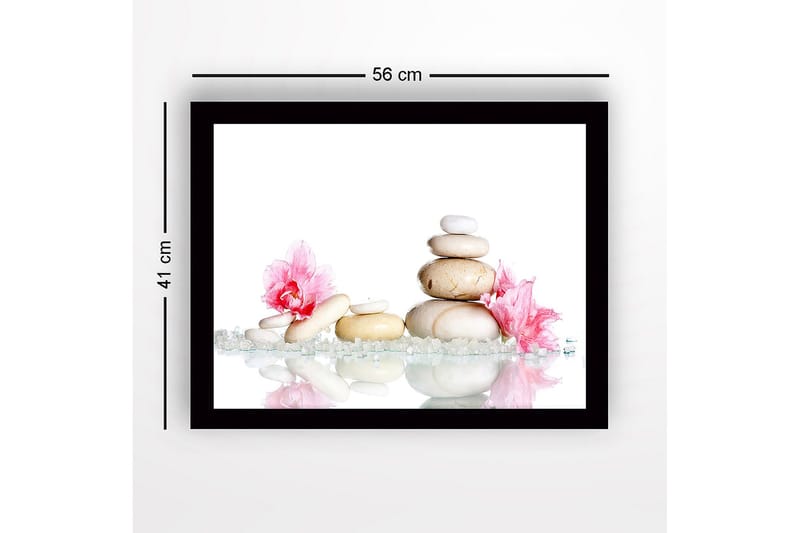 Innrammet lerretsbilde i tre - 41x56 cm - Steinrøys omgitt av rosa blomster og glitrende steiner - Hvit / Rosa / Beige - Innredning - Bilder & kunst