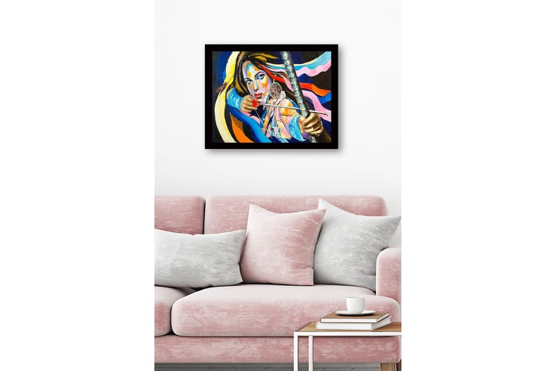 Innrammet lerretsbilde i tre - 41x56 cm - Sterkt portrett av en kvinne med pil og bue og drømmefanger - Blå / Rosa / Oransje - Innredning - Bilder & kunst