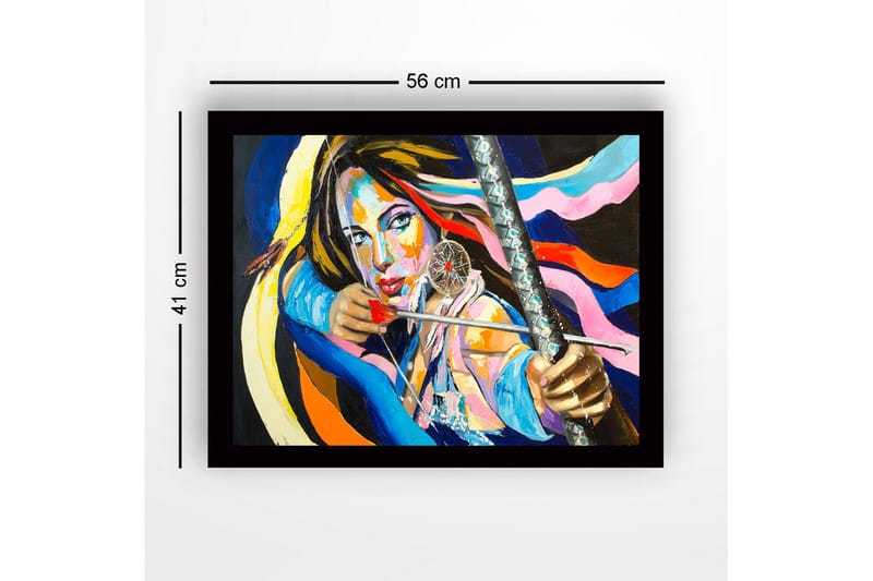 Innrammet lerretsbilde i tre - 41x56 cm - Sterkt portrett av en kvinne med pil og bue og drømmefanger - Blå / Rosa / Oransje - Innredning - Bilder & kunst