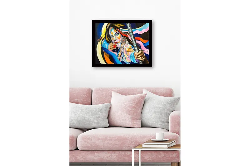 Innrammet lerretsbilde i tre - 41x56 cm - Sterkt portrett av en kvinne med pil og bue og drømmefanger - Blå / Rosa / Oransje - Innredning - Bilder & kunst