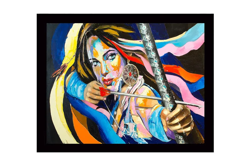 Innrammet lerretsbilde i tre - 41x56 cm - Sterkt portrett av en kvinne med pil og bue og drømmefanger, Blå / Rosa / Oransje