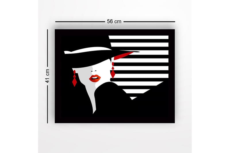 Innrammet lerretsbilde i tre - 41x56 cm - Stilisert kvinne med hatt og røde lepper - Svart / Hvit / Rød - Innredning - Bilder & kunst