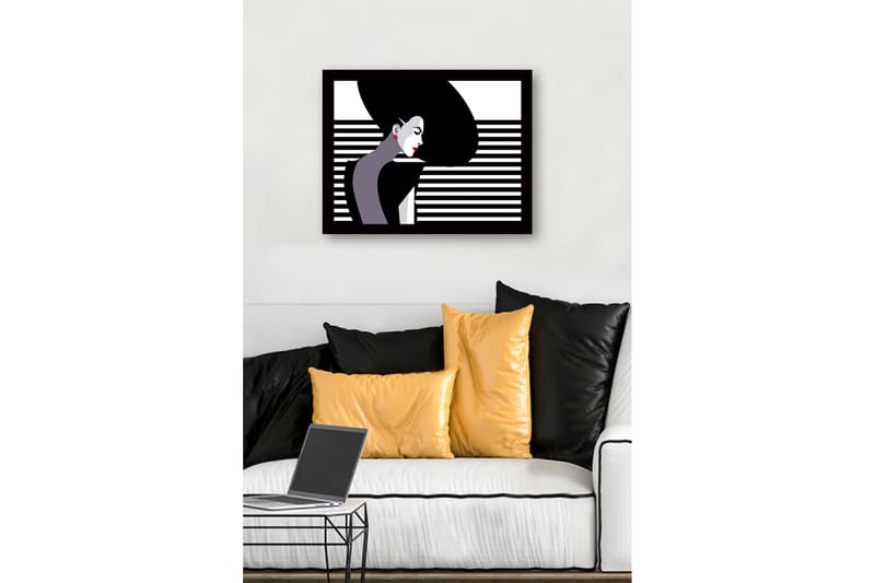 Innrammet lerretsbilde i tre - 41x56 cm - Stilisert kvinne med langt hår i profil - Svart / Hvit / Rød - Innredning - Bilder & kunst