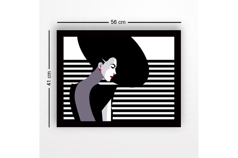Innrammet lerretsbilde i tre - 41x56 cm - Stilisert kvinne med langt hår i profil - Svart / Hvit / Rød - Innredning - Bilder & kunst