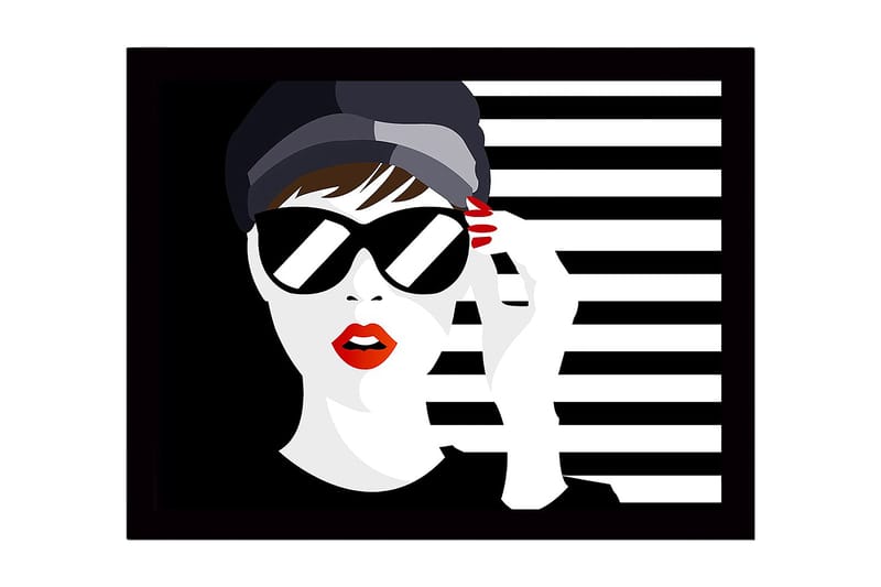 Innrammet lerretsbilde i tre - 41x56 cm - Stilisert kvinne med solbriller og rød leppestift, Svart / Hvit / Rød