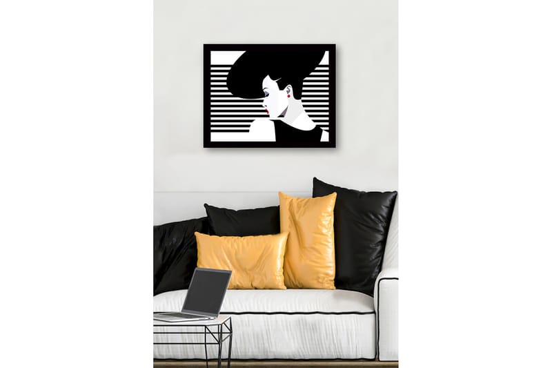 Innrammet lerretsbilde i tre - 41x56 cm - Stilisert kvinne med stort hår og røde lepper - Svart / Hvit / Rød - Innredning - Bilder & kunst